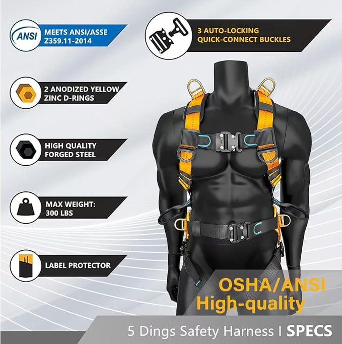 Fall Protection Full-Body Safety Harness, Roofing Harness Kit Men Construction Harness,5 Heavy Duty D-rings&Upgrade 4 Quick Buckles(OSHA/ANSI)