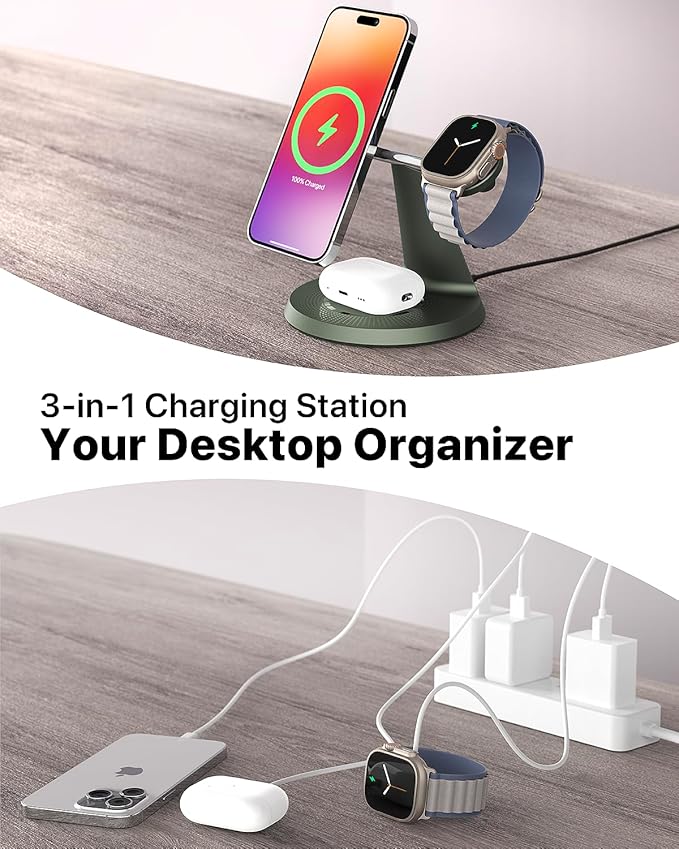 3 in 1 Wireless Charging Station for Apple Device: Fast Charging Station for iPhone and Watch with MagSafe, Stable Charger Stand for iPhone 12-16 & iWatch & AirPods