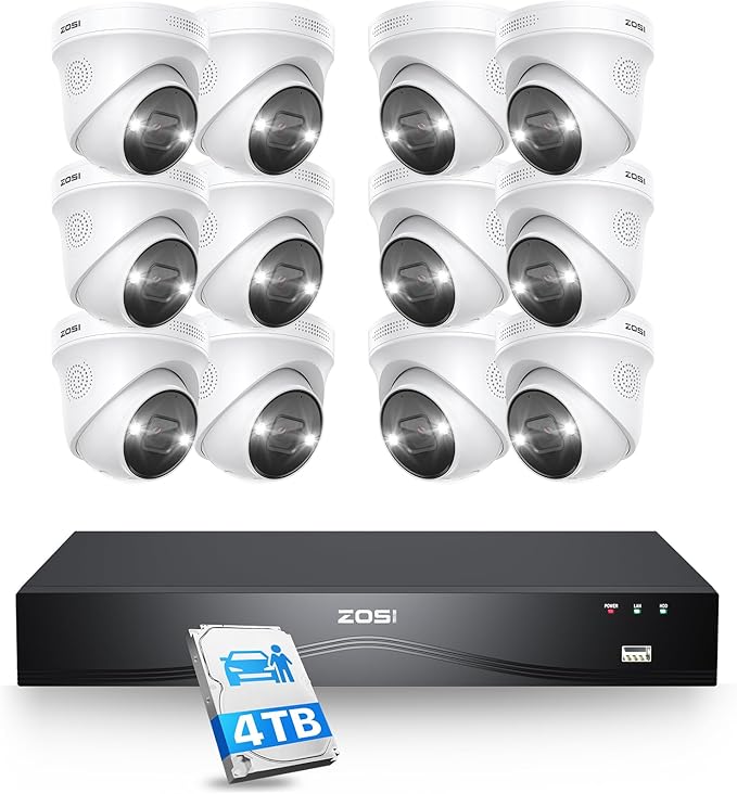 ZOSI 16CH 4K PoE Security Camera System, 12pcs 4K Outdoor Indoor PoE Cameras, Person Vehicle Detection, 2 Way Audio, Sound&Light Siren, Night Vision, 16Channel 8MP NVR with 4TB HDD for 24/7 Recording