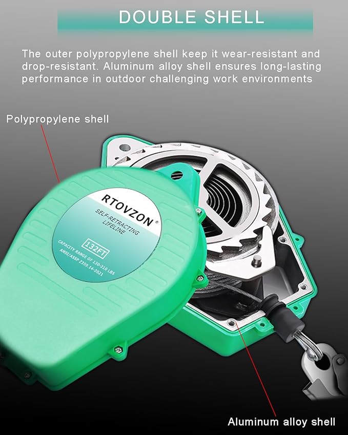 132FT Self Retracting Lifeline RTOVZON Fall Arrest Fall Protection Steel Wire Rope Heavy Duty Retractable Lanyard, Roofing Lifeline, SRL, Safety Lanyard