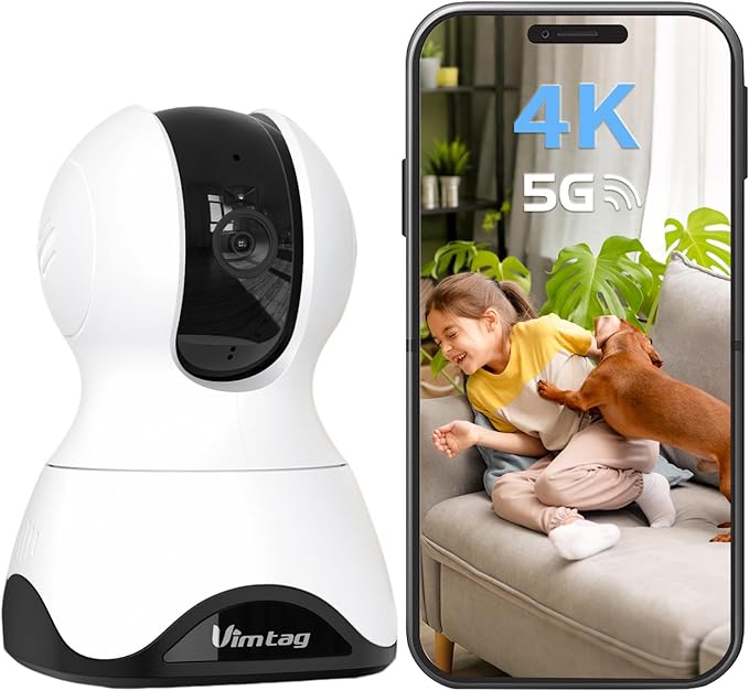 VIMTAG 4K UHD Indoor Camera, 360° Pet Camera, 5G/2.4G WiFi Baby Monitor with Phone App, Speaker for Dog Cat Home Security, Motion Tracking, Free AI Detection & Alarm, Night Vision, SD/Cloud Storage