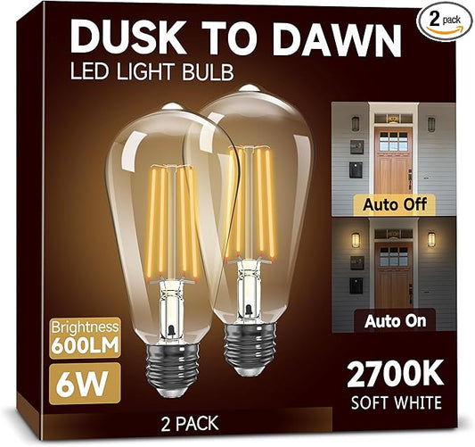 Dusk to Dawn Light Bulbs, Outdoor Light Bulbs, ST64 6W Equivalent 60W, 2700K Soft White, 600LM LED Outdoor Lighting, E26 Base, Photocell Sensor, Auto On/Off Bulb for Porch Patio Garage, 2 Pack