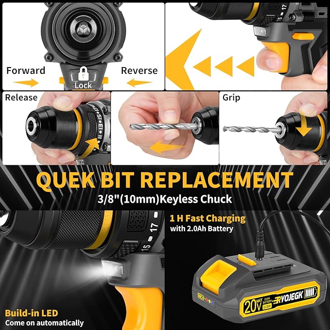 Compact Brushless Power Drill Set,60N.m Cordless Drill Tool Box with 2 Battery & 3/8”Keyless Metal Self-locking Chuck,138Pcs Men Handheld Tool Drills Kit,Taladro Inalámbrico for Home Repair Set