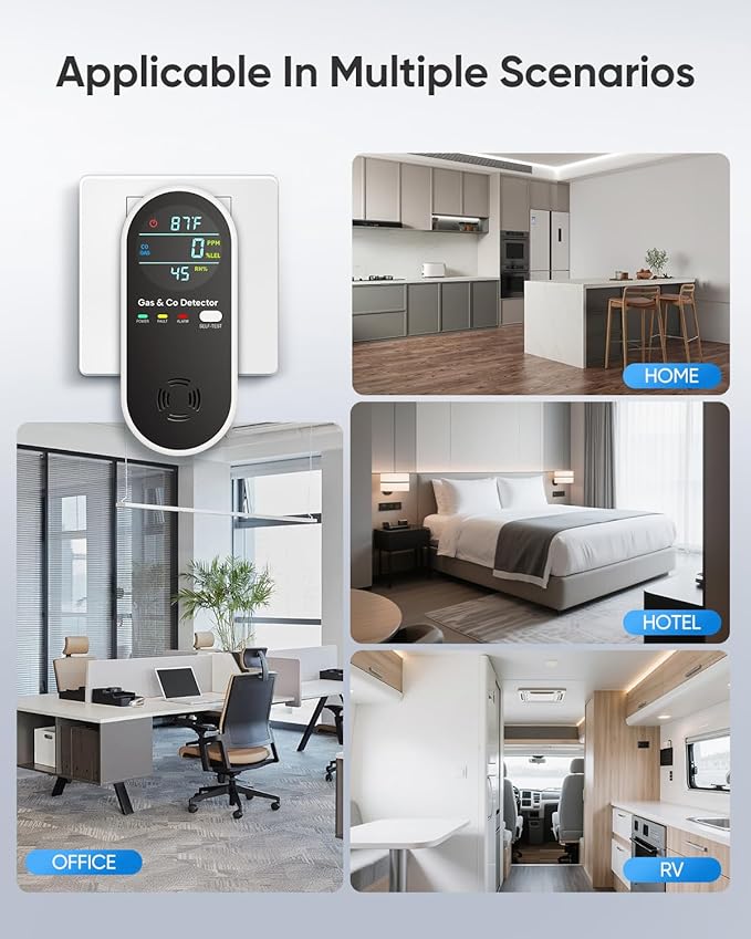 Carbon Monoxide Detectors & Natural Gas Detector, 4-in-1 Carbon Monoxide Detectors Plug in, Gas Leak Detector with Dual Alarms, Temperature & Humidity Sensor for Home, RV Essentials, Black, 2 Packs