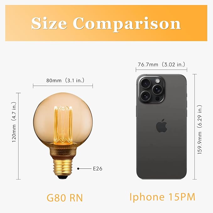 Globe Edison LED Light Bulb, Vintage Decorative Dimmable Bulb, Small Round Glass Cover, 3.5W Low Lumen Eye-Caring Soft Dim Lighting for Mood(Not Daylight White), E26 Medium Base, Amber RN G80