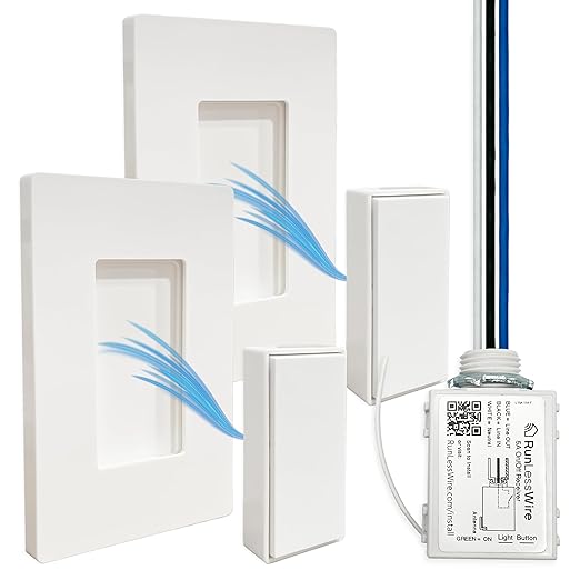 RunLessWire 3-Way Detachable Battery-Free Wireless Light Switch Kit 150ft RF Range for DIY Home Electrical Projects: 2 Removable Magnetic Remote Switches Control 1 5A On/Off Receiver - White