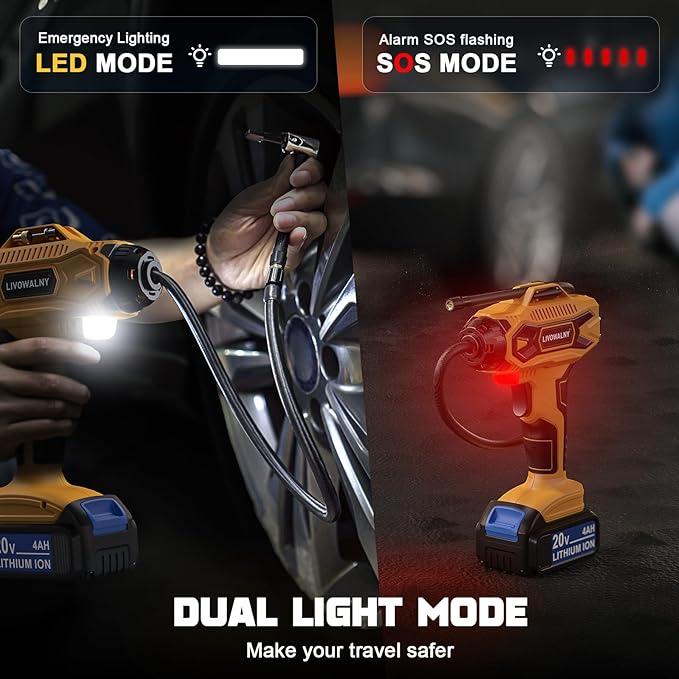 Tire Inflator Air Compressor for Dewalt 20V Max Battery, LIVOWALNY 160 PSI Cordless Portable Electric Air Pump with 4AH Baterry, 2025 Bigger LCD Digital Pressure Gauge for Car, Bike, Sport Ball