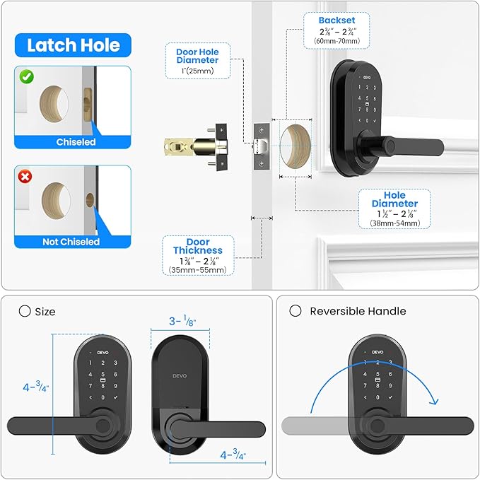 Devo G7 Smart Door Lock with Handle,6-in-1 Fingerprint Keyless Entry,APP Control,Fingerprint ID,Auto Locks,Built-in Wi-Fi Smart Deadbolt for Front Door,Easy Install,Waterproof,BHMA Grade 3