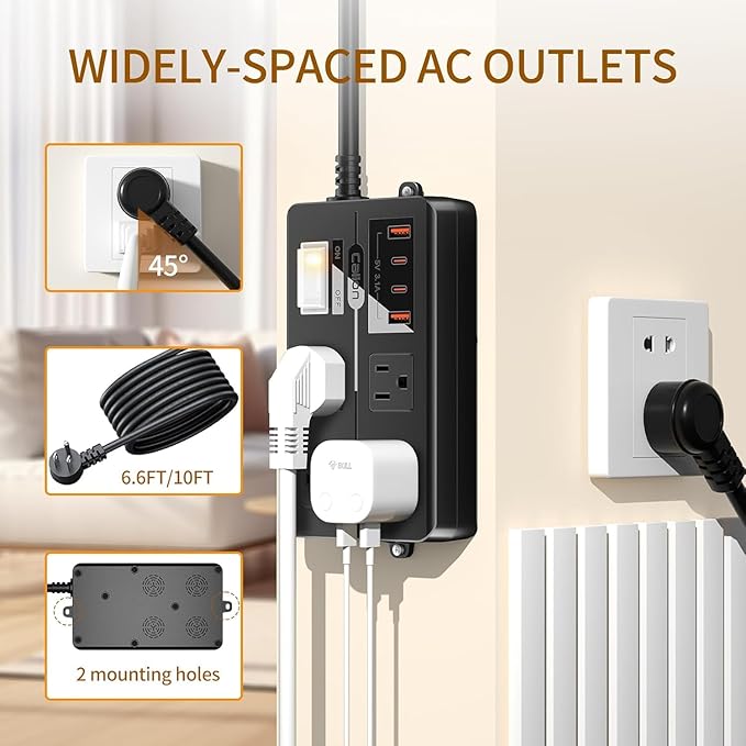 IPX6 Outdoor Power Strip Weatherproof, Waterproof Surge Protector with 4 Wide Outlet with 2A2C USB Ports, 15FT Long Extension Cord, Wall Mountable for Outside Decorations and More UL Listed(Black)