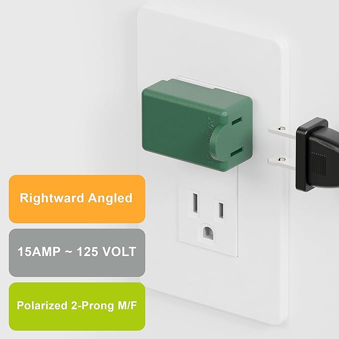 PA-0503G Nema 1-15P to 1-15R Right Angle Adapter - 90 Degree 2-Prong AC Adapter, Polarized L Type