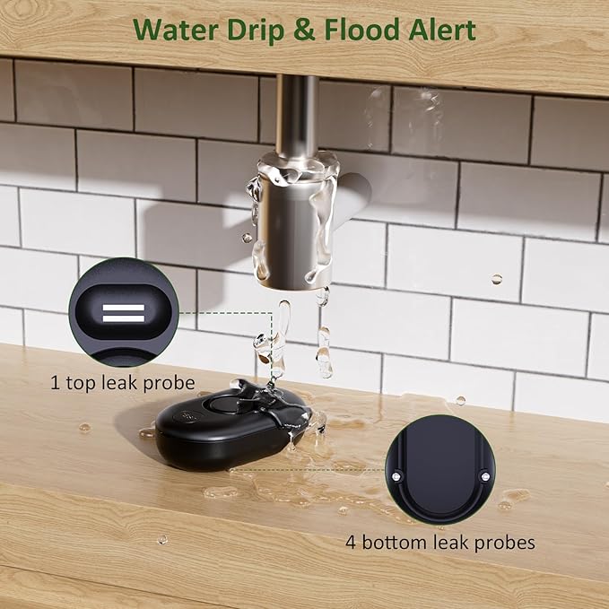 Water Leak Detector for Home, 100dB Water Sensor Alarm for Basement, Leakage Detection Device for Under Sink/Pipe/Drain Drip, Floor Flood in Bathroom/Kitchen/Toilet/Laundry Room, Model: WD61, Black