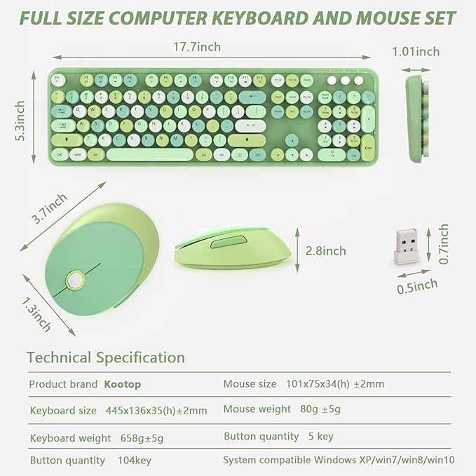 Wireless Keyboard and Mouse Combo, Cute Colorful 104-Key Typewriter Retro Round Keycaps Keyboard for PC Laptop,Windows,Desktop,Perfer for Home and Office Keyboards (Green)