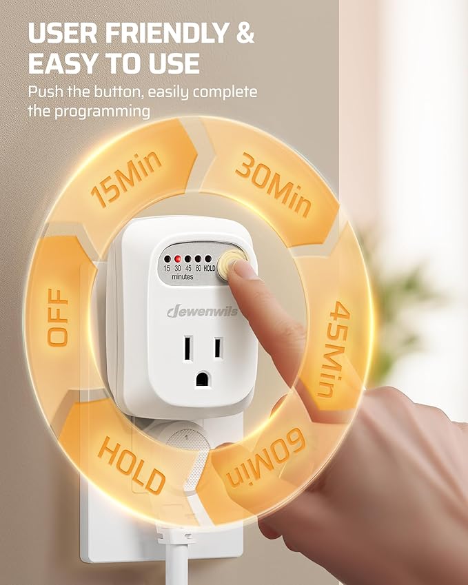 DEWENWILS Indoor Countdown Timer Outlet, 15/30/45/60min Settings, Auto Shut Off Safety Outlet for Lights, Seasonal Decor, Coffee Pot, 125V/15A Resistive/1000W Tungsten, 3 Prong, 1/3 HP, 2 Pack