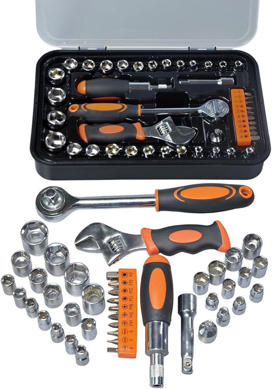42 Piece Socket & Socket Wrench Sets 1/4 Drive Metric 4-13mm & SAE 5/32"-1/2", 3/8 Drive Metric 14-17mm, 1/4 Adaptors and Extensions, Mini Ratchet Angle Screwdriver and Bit