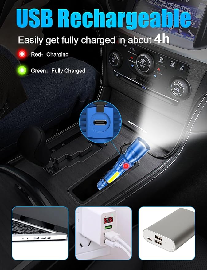 UV Rechargeable Flashlights Tactical,1000 High Lumens 3 in 1 LED Black Light Flashlight-Magnetic Base/Sidelight/Zoomable, Bright Pocket Flash Light with Case Box for Stains Detection Blue/Black