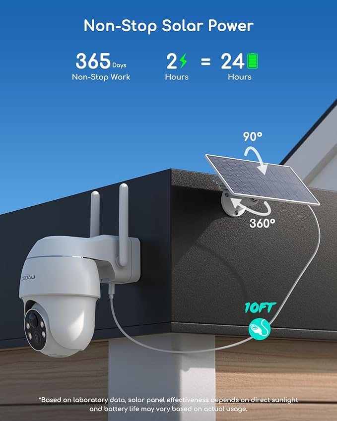 COOAU Solar Security Cameras Wireless Outdoor, 2 Cam-Kit, 4MP Cameras for Home Security System, 360° Pan & Tilt, Color Night Vision, Motion Detection, No Monthly Fee, Siren Alarm, IP66,64GB Card