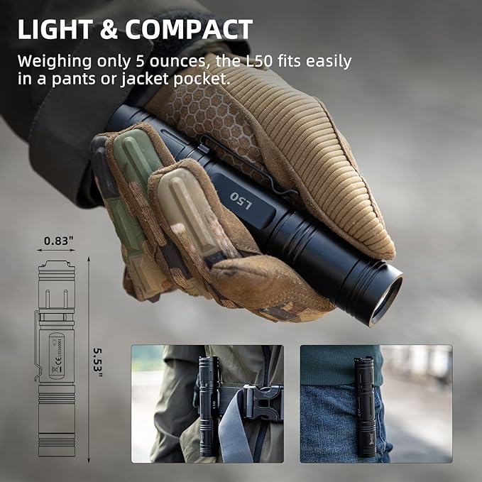 WUBEN L50 Tactical Flashlight, 1200 High Lumens Flashlight Rechargeable, LED Flash Light IP68 Waterproof with 5 Mode, EDC Handheld Flashlight for Home Camping Emergencies, Tool Gifts for Men