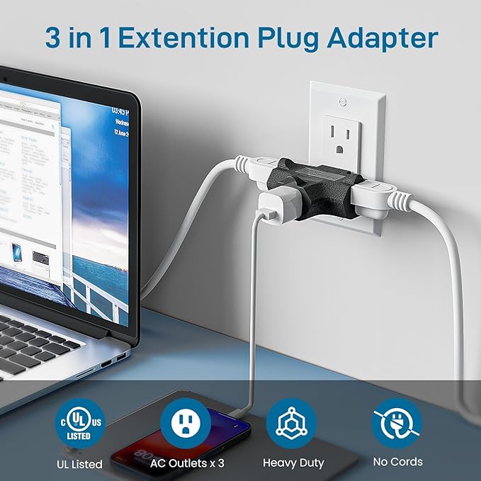 K KASONIC - 3-Outlet Grounding Adapter, [UL Listed] Plug Extender, Heavy-Duty Grounded Power Tap - 3 Pack (Black)