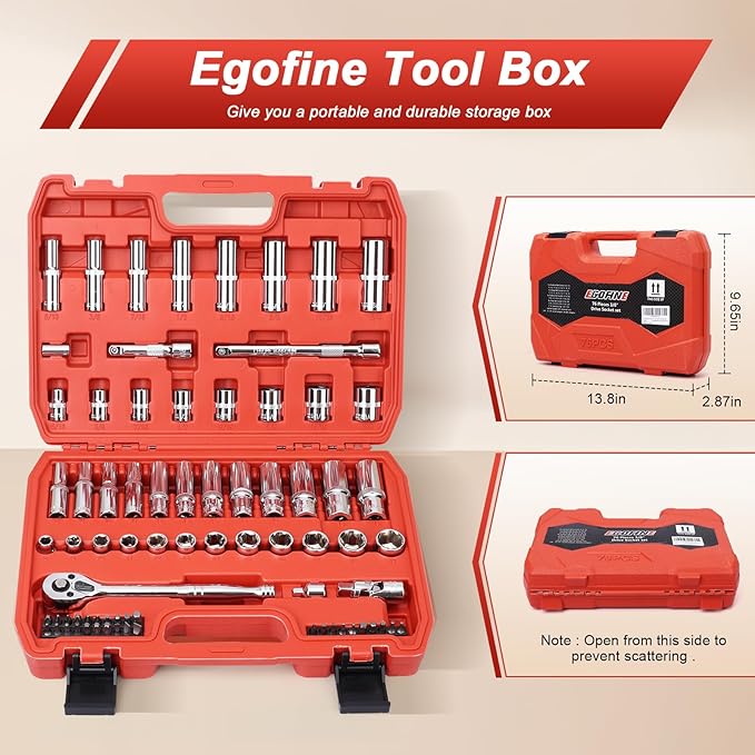 3/8” Drive Socket Set, 76 Pieces Ratchet Wrenches Set, Standard and Deep Metric (8 to 19mm)/SAE (5/16 to 3/4 inch) Size, with 72-Tooth Ratchet for Auto Repairing and Household, with Storage Case