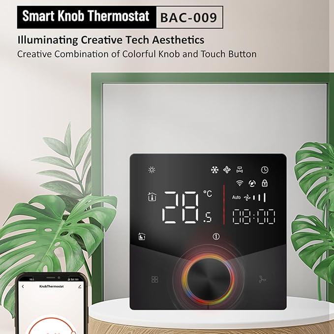 Central AC Thermostat Smart Energy Saving Control LED Panel Touch Key Thin Wall Mount Cool Lighting Effect WiFi Air Conditioner Thermostat for Home (Black)