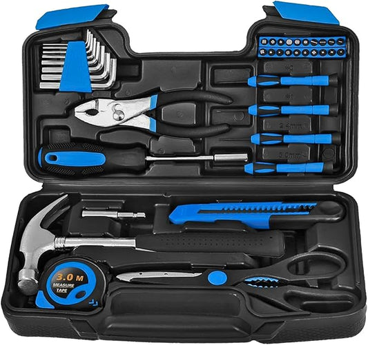 39 Piece Basic Home Tool Set Household Tool Set General Repair Small Hand Tool Kit in Toolbox Storage Case for Home Garage Office College Dormitory Use, Blue