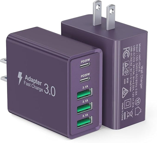 [2-Pack] USB C Wall Charger, 50W Charger Block 5-Port PD Fast Charging Blocks,Multiport 2USB C+3USB A Plug,Type C Power Adapter Brick Cube for iPhone 16/15/14/13/Pro,Samsung,for Switch（Purple）