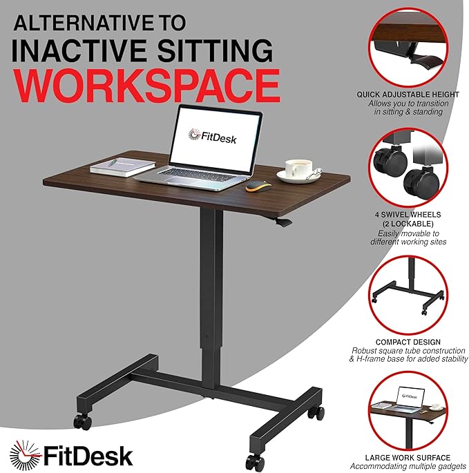 FitDesk Portable Laptop Desk, Rolling Standing Workstation Adjustable Height, Compact Standing Table with Large Surface, Small Stand Desk for Home Office, 30 lb Weight Limit – Walnut, 27" Tabletop