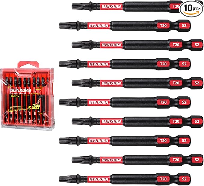10Pieces 3 In. T20 Impact Tough Magnetic Screwdriver Bit Set, #20 Torx Head Power Bits, S2 Alloy Steel Star Bits with Storage M-Box