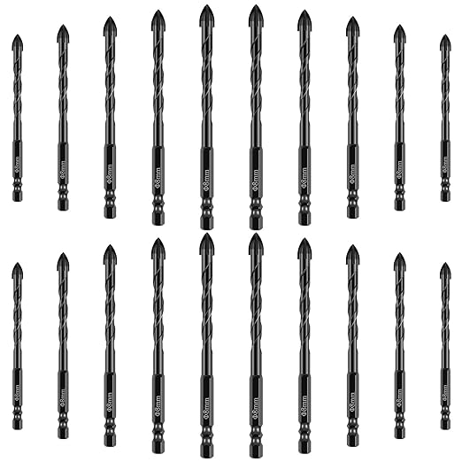 20Pcs Concrete Drill Bit Set 8mm Alloy Masonry Drill Bit Set Stable Carbide Tipped Tile Drill Bit Cross Head 1/4 Hex Shank Drilling Hole Bit for Concrete Cement Brick Wood (8mm 20pcs)
