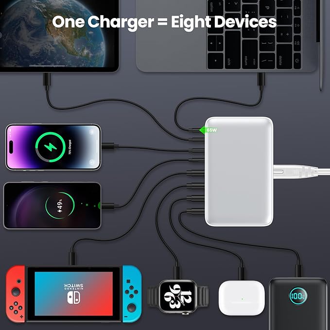 200W USB C Charger Block, GaN III 8-Port USB C Fast Charging Station PPS PD 65W Laptop Charger Adapter Compatible with MacBook Pro/Air,DELL,HP Surface,iPhone 16/15/Pro/14/13,Galaxy,Steam Deck-White