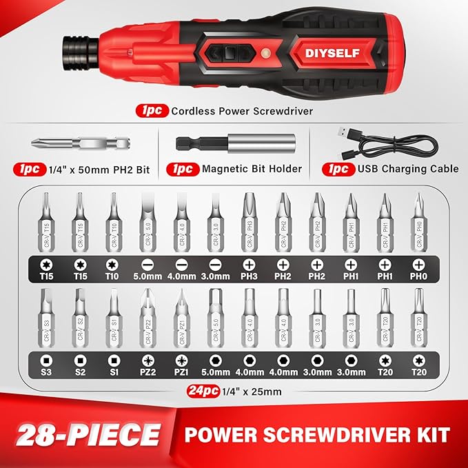 DIYSELF Electric Screwdriver Cordless Rechargeable 3.7V Power Screwdriver with LED Light 28-Piece Small Electric Screwdriver Kit Includes Bits, Magnetic Bit Holder, USB Charging Cable, Carrying (Red)