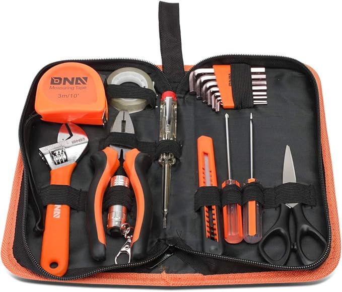 DNA MOTORING 18pcs Mechanic Home Repair Tool Set, Includes Pliers, Wrench, Hex Key, Screwdriver, Scissors, Tape Measurer, Mechanic repair set, w/Carrying Case, Orange/Black, TOOLS-00032