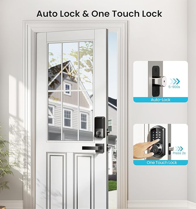 Veise VE07-L Fingerprint Smart Locks for Front Door with 2 Lever Handle Set, App Control, Keyless Entry, Electronic Digital Keypad Deadbolt, Auto Lock, Waterproof, Easy to Install, Matte Black