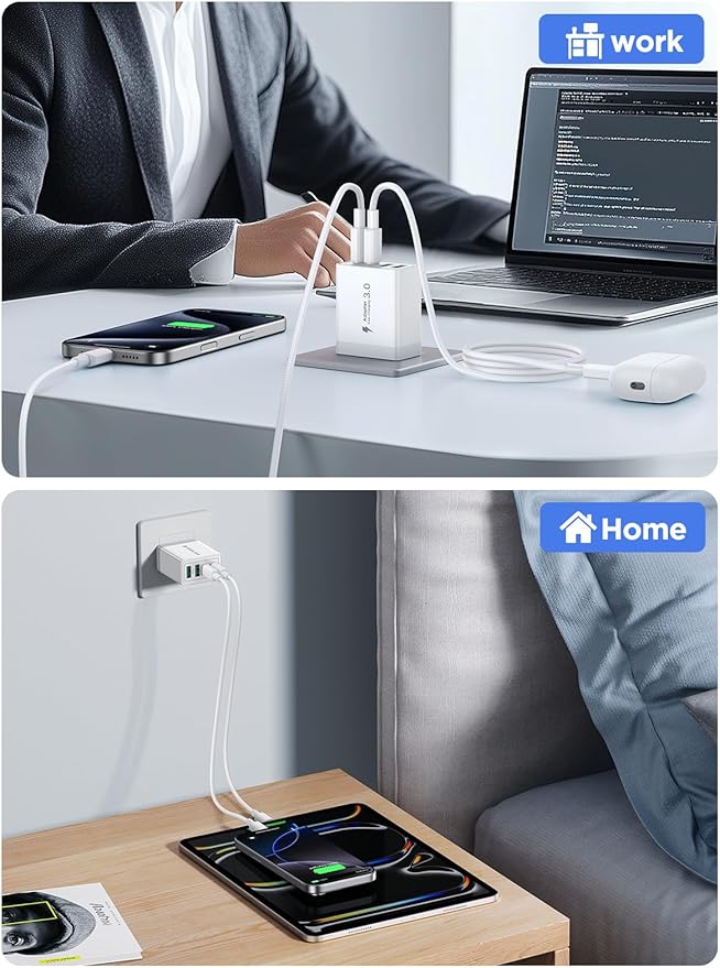 40W USB C Charger Block, 2Pack 4-Ports Type C Fast Phone Charging Cube with 6FT USBC to USBC Cord, Multiport Wall Plug Power Brick Box Compatible with iPhone, Samsung, iPad Pro, Cellphones Charger