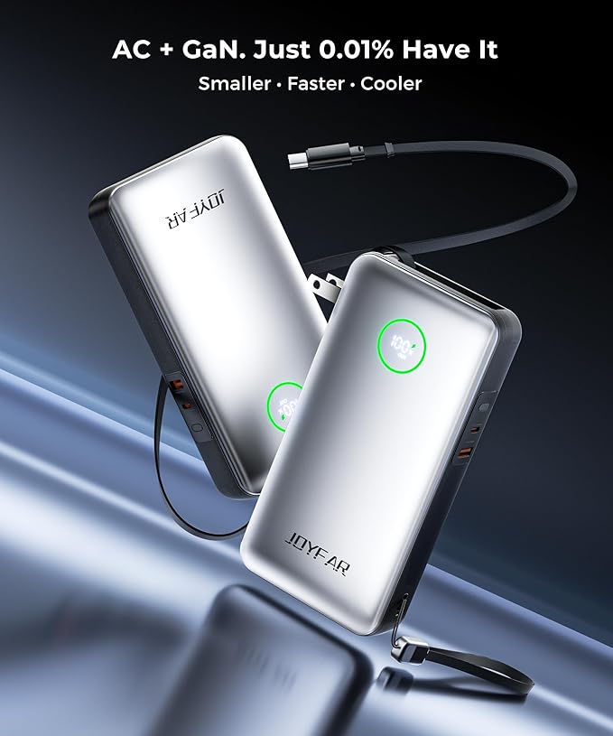 Portable Charger Power Bank - Laptop Battery Pack 65W AC Plug GaN 25000mAh Built in Cable USB C Phone Fast Charging Compatible with iPhone 16 15 14 13 12 11 X iPad MacBook Samsung (White)