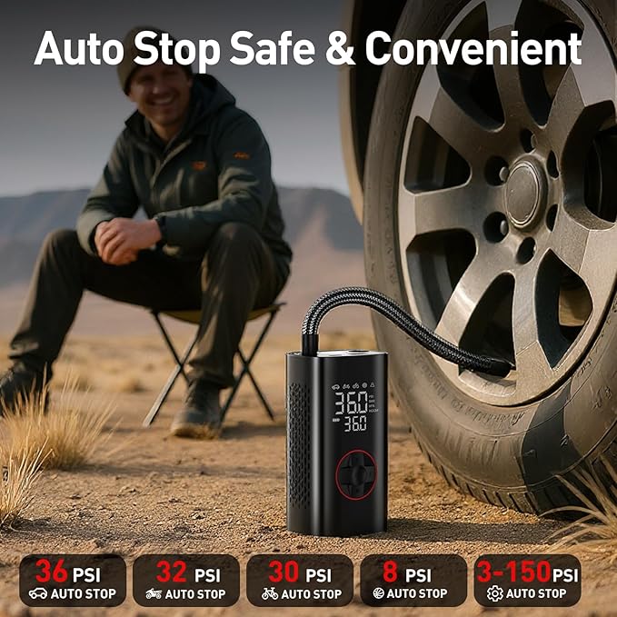 Tire Inflator Portable Air Compressor - Cordless Air Pump for Car Tires 150PSI&10000mAh, Portable Tire Inflator for Car with Pressure Gauge, Mini Tire Pump for Bike, Motorcycle, Ball, Auto Shut-off
