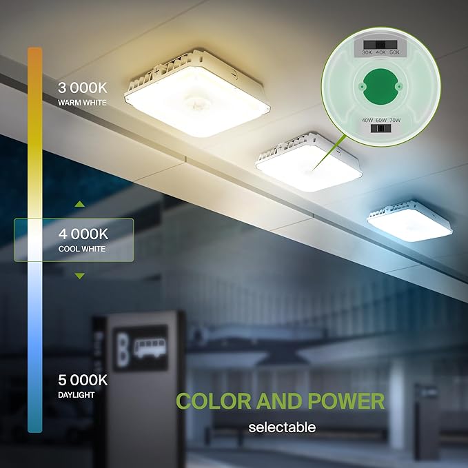 ASD LED Canopy Light 70/60/40W with Q-Base – 3000/4000/5000K 10823Lm 10"x10" 120-277V IP65 Dimmable 0-10V UL & DLC Listed (Optional Motion Sensor-Extra Purchase)