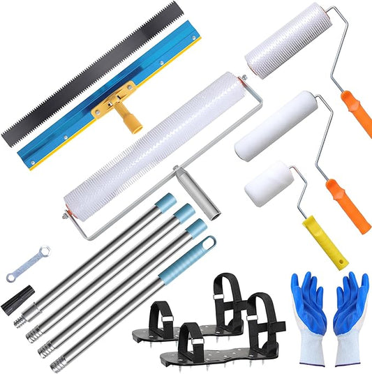 Self Leveling Cement Tool Kit- Epoxy Floor Tool Includes Spiked Roller for Self Leveling, Adjustable Poles Up to 63", Flooring Construction Painter Roller, Epoxy Spike Shoes and Self-Leveling Rake