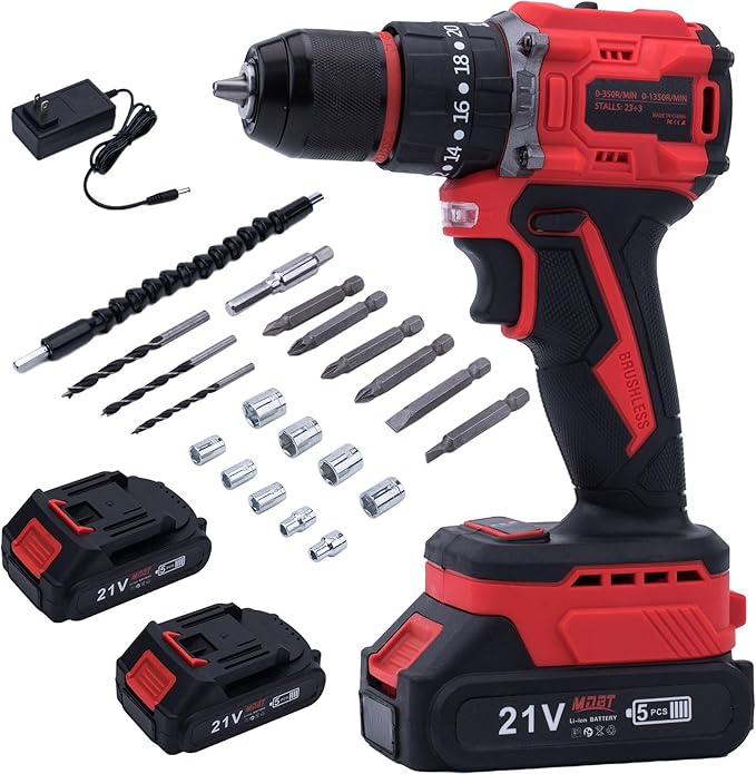 Brushless Drill Set, 21V Cordless with 2 Batteries and Charger, 3/8Inch Keyless All-Metal Chuck, 2 Variable Speeds, 20+3 Power Drill Kit for Screw Wood/Ceramic/Tile/Steel