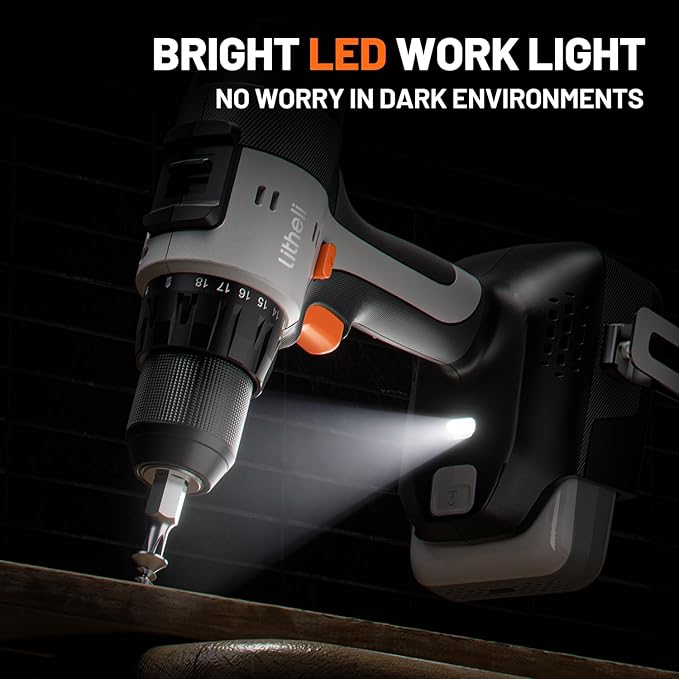 Litheli Cordless Drill Driver, Electric Power Drill with 2 Variable Speed Settings, 1/2 Inch Keyless Chuck, 21+1 Clutch Settings with Maximum Torque of 443 In-lbs (Battery and Charger not Included)