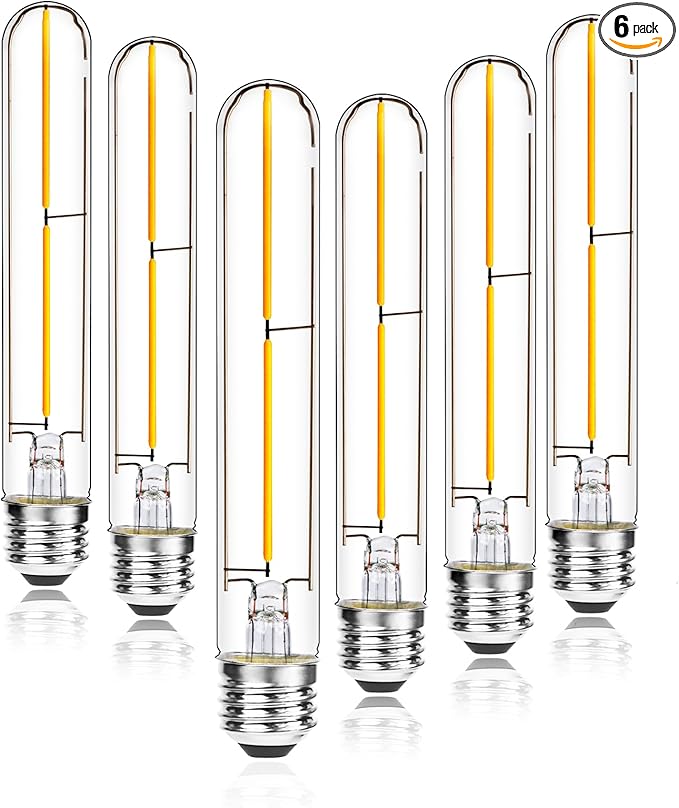 Long T10 LED Bulb, 7.3in Vintage Edison Dimmable Bulb 4W 2700K Warm White Tubular Bulbs, E26 Medium Base Amber 400LM 40W Equivalent for Cylinder Pendant Wall Sconces Chandelier Vanity 6Pack