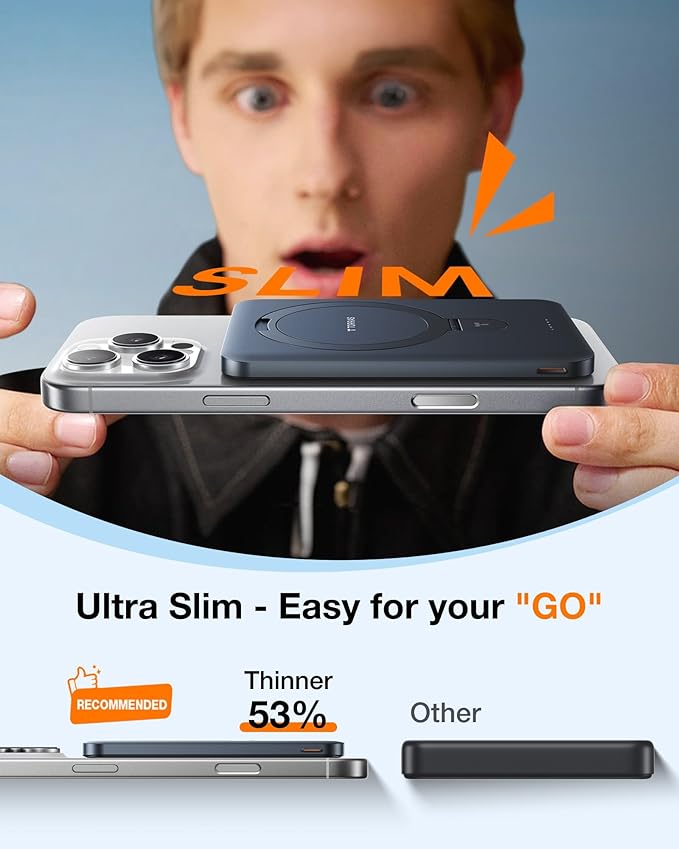 TORRAS 0.45" Slim Magnetic Portable Charger Power Bank for iPhone 5000 mAh 22.5W PD Fast Charging Wireless Battery Pack O Stand Compatible with Magsafe, i Phone 16 Pro Max, Pro,15,14,13,12, Black