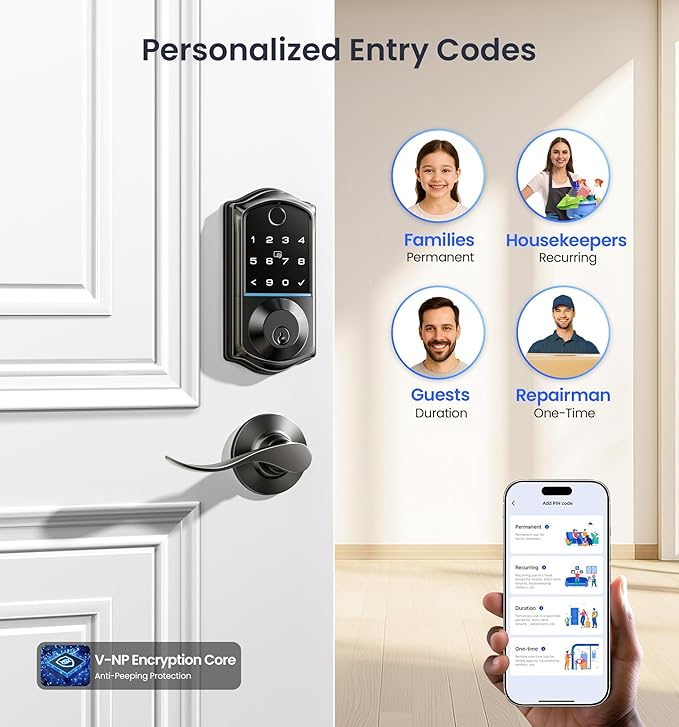 Veise VE017-L Fingerprint Smart Lock with 2 Lever Handles, Keyless Entry Front Door Lock Set, App Control, Electronic Digital Keypad Deadbolt, Easy Installation, Emergency Power Port, Matte Black