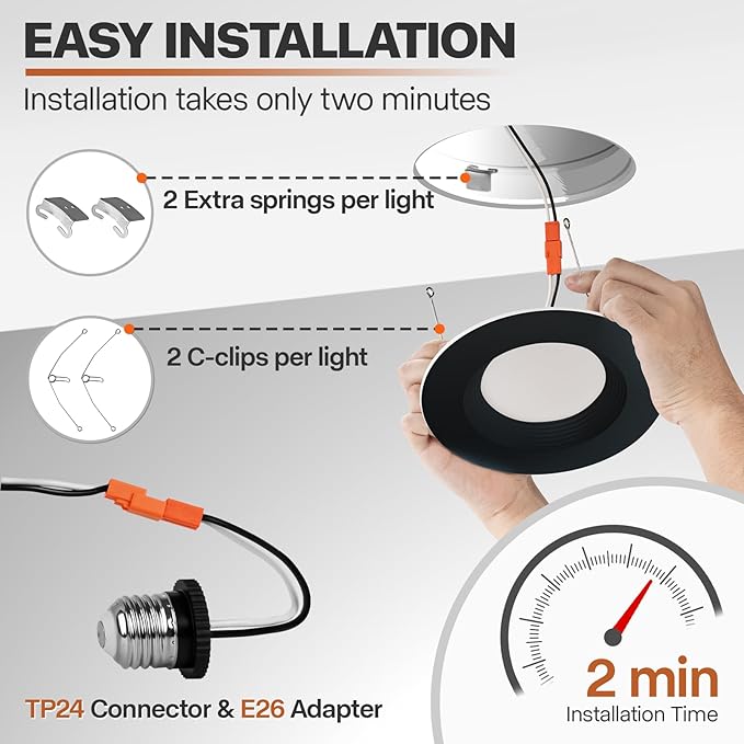 24 Pack Black 5/6 Inch LED Can Lights with Night Light, 5CCT Retrofit Recessed Lighting Selectable 2700K-6000K Dimmable, 12W=75W, 1200LM Downlight with Metal Smooth Trim-ETL and Energy Star