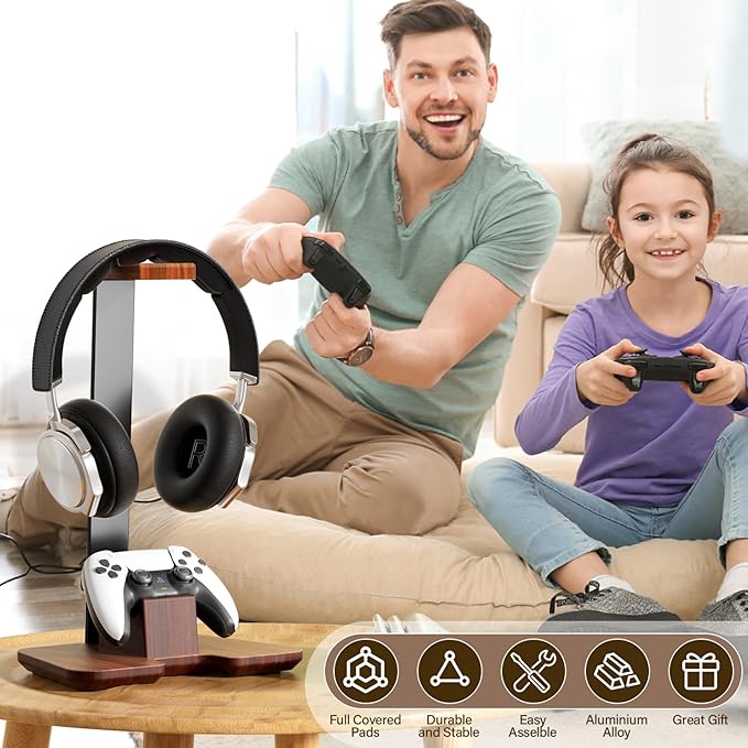 Controller Stand Wood Headphone Stand for Desk Gaming Desk Accessories Controller Holder for Gaming Equipment Headset Holder