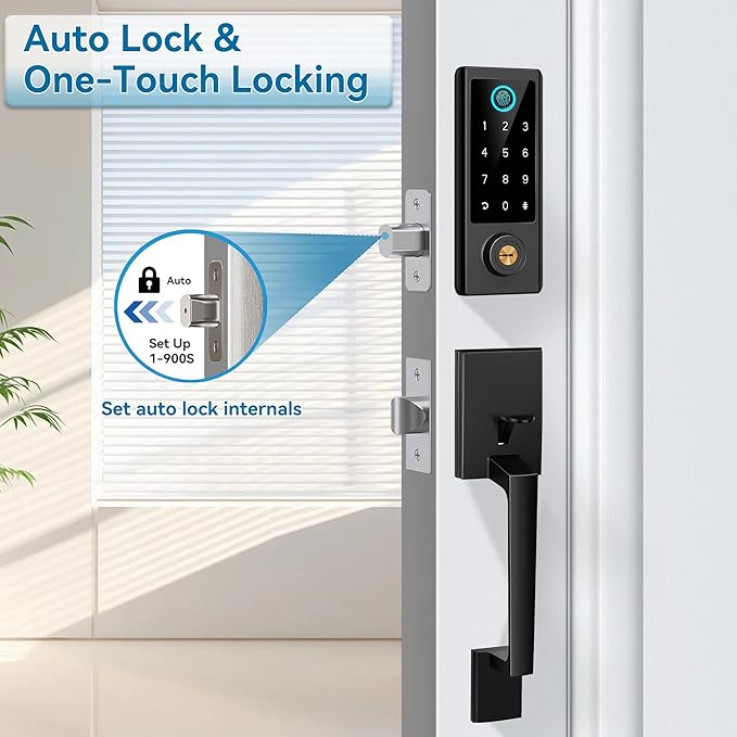 Fingerprint Door Lock with Handle Sets, BEBASIA Keyless Entry Door Lock, Bluetooth Front Handle Set, Smart Deadbolt, Electronic Keypad Digital Lock with Handle, Black