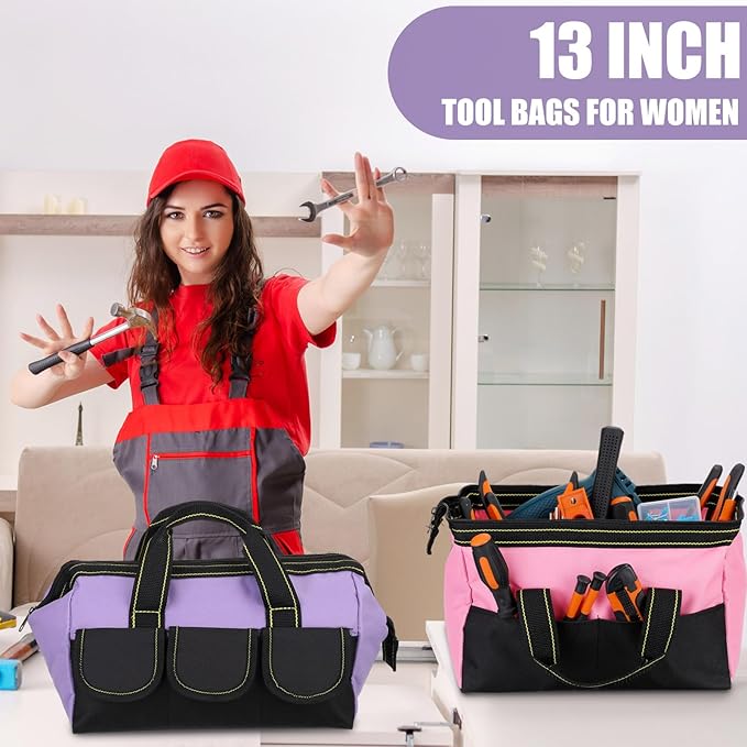 Sanwuta 3 Pack Tool Bag for Men with Waterproof Hard Bottom, Heavy Duty Tool Bag Wide Mouth Tote for Various Instrument, Electrician Carpenter Mechanic(13 Inch,Red, Pink, Light Purple)