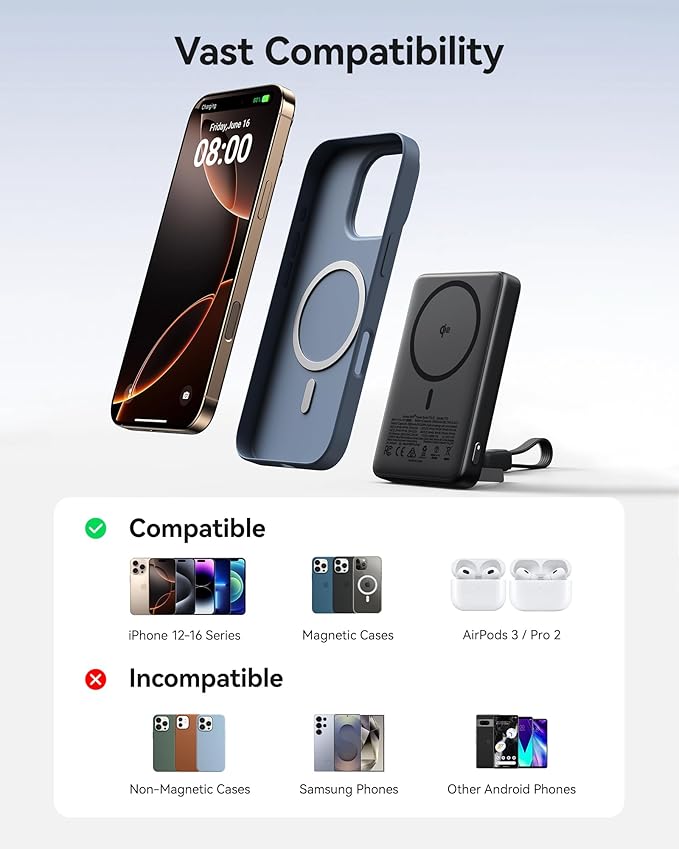 INIU for MagSafe Portable Charger, Qi2 Certified, Slimmest 45W 10000mAh Magnetic Power Bank, with USB C Cable & Stand, Fast Charging MagSafe-Compatible Battery Pack for iPhone 16 15 14 13 12 Only