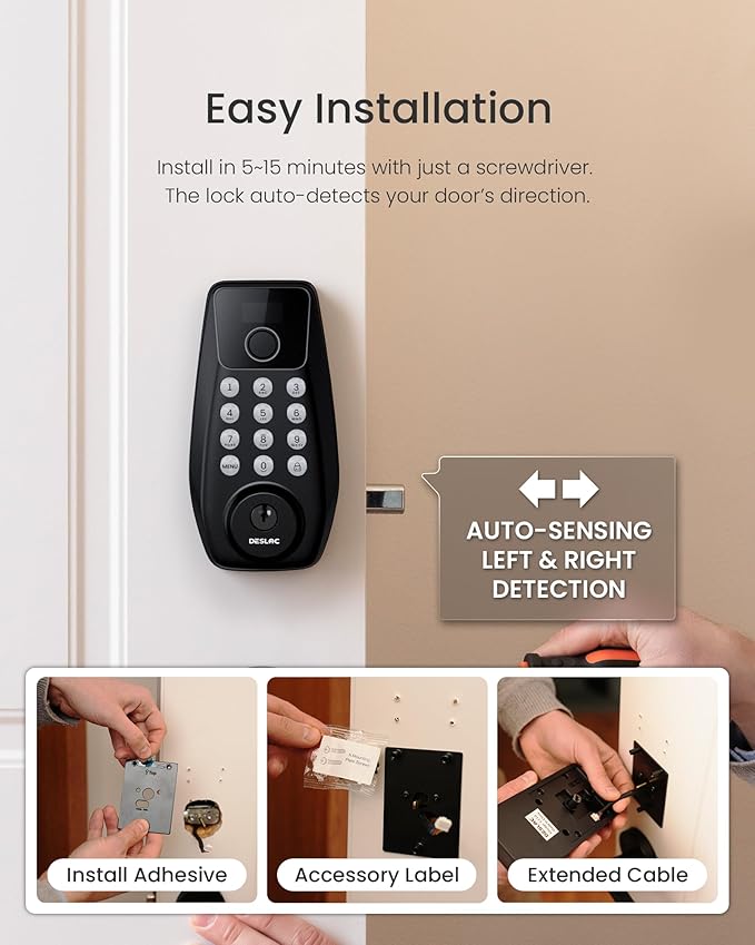 DESLOC C110 Keyless Entry Door Lock with 2 Lever Handles&Smart Screen, Digital Smart Front Door Lock Set, Fingerprint Door Locks, Keypad Deadbolt, Auto-Lock, Backlit Keys, Passage Mode, IP54, Black