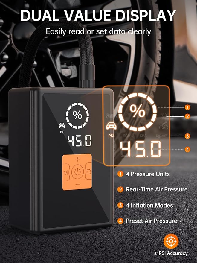 Tire Inflator Portable Air Compressor, 22 Cylinder 6X Faster Tire Pump 150 PSI Air Pump for Car, Motorcycle, Bicycle, Ball - Cordless & 12V DC